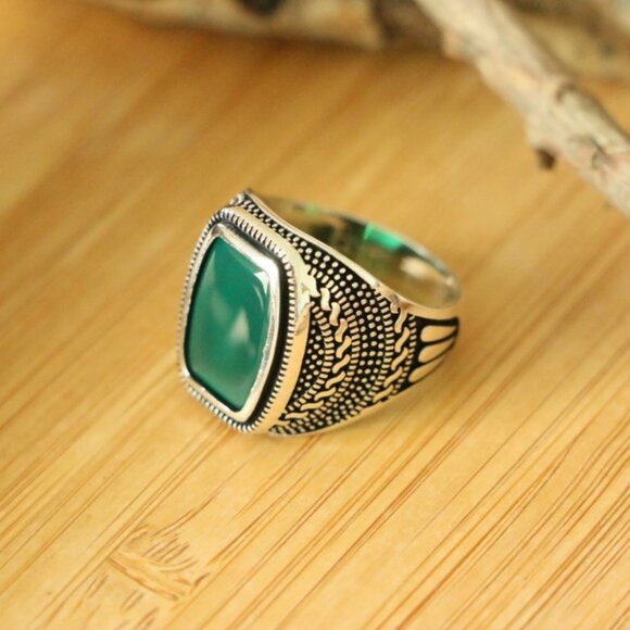 925 Sterling Silver Green Agate Stone Men's rings - Picture 5 of 6